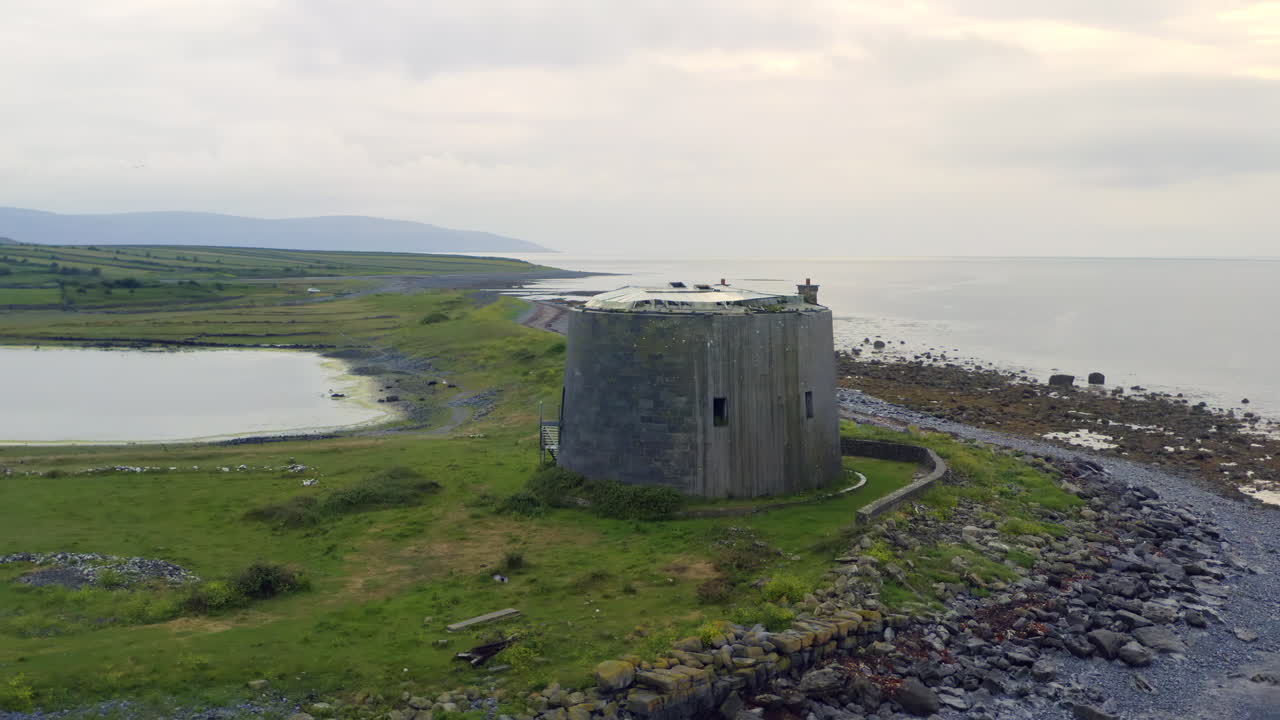 Aerial 360° orbit of Napoleonic tower in County Clare, revealing coast and surrounding landscape
