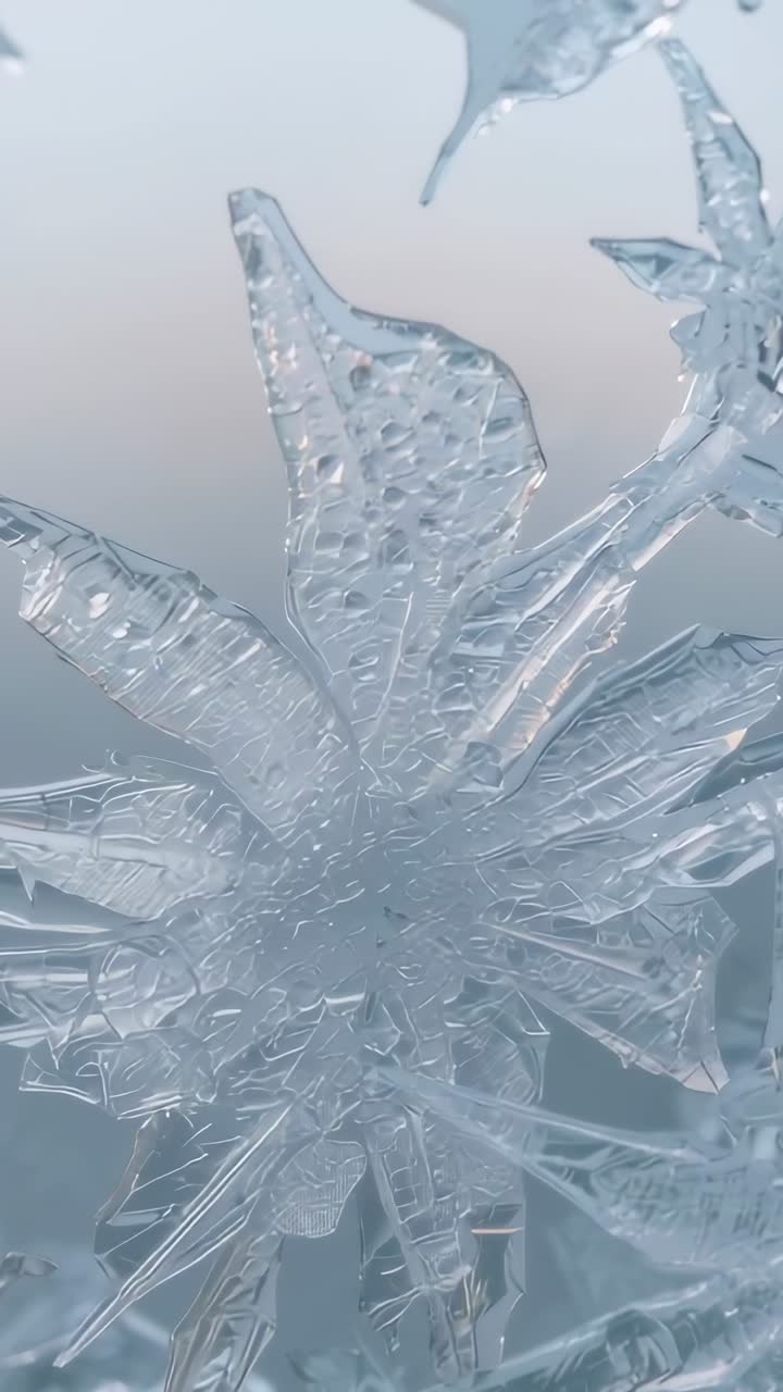Video verticale: obiettivo con messa a fuoco variabile che mostra in macro un cristallo di ghiaccio su vetro, mettendone in risalto i dettagli