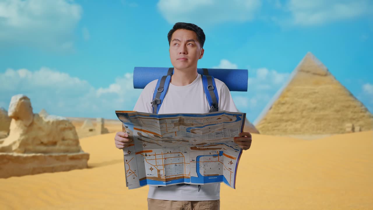 Asian Male Hiker With Mountaineering Backpack Looking At The Map Then Looking Around While Traveling In Pyramid Of Giza