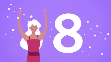 feliz tarjeta de día de la mujer con la chica celebrando y el número ocho