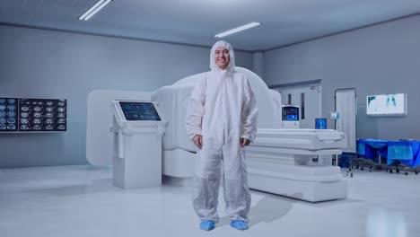 full body of asian male scientist smiling with mri machine in the hospital