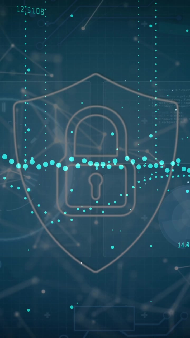 Animation of data processing over security padlock icon and network of connections