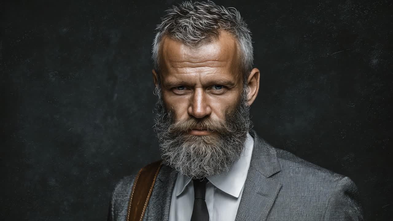 En eftertænksom herre med et fornemt skæg og stilfuldt jakkesæt udstråler elegance og styrke, mens han reflekterer over livets rejse i en stemningsfuld atmosfære.