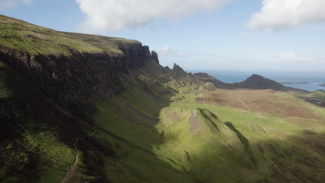 Luftvorstoß-Der-Quiraing-Landschaft-Mit-Stratocumulus-Wolken-Im-Frühling,-Isle-Of-Skye,-Schottland