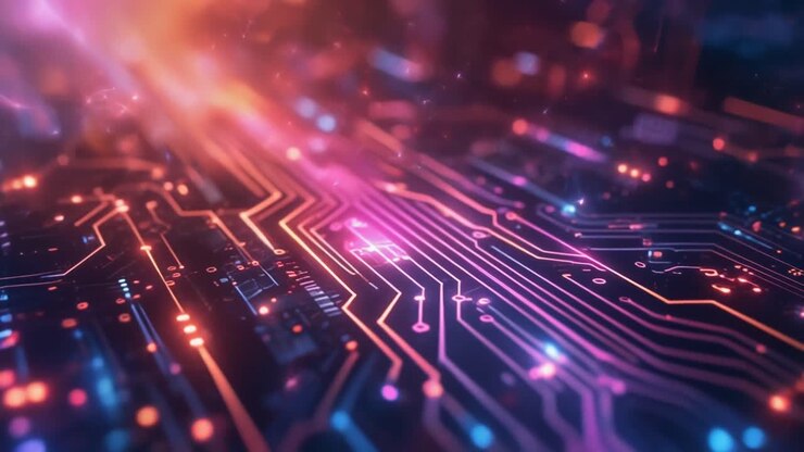 Abstrakte digitale Leiterplatte mit leuchtendem Datenfluss