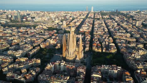 barcelona skyline with sagrada familia cathedral at sunset. catalonia, spain