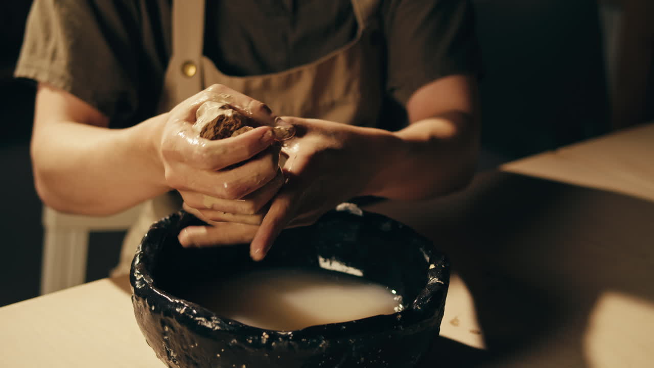 Mani che impastano l'argilla per la ceramica