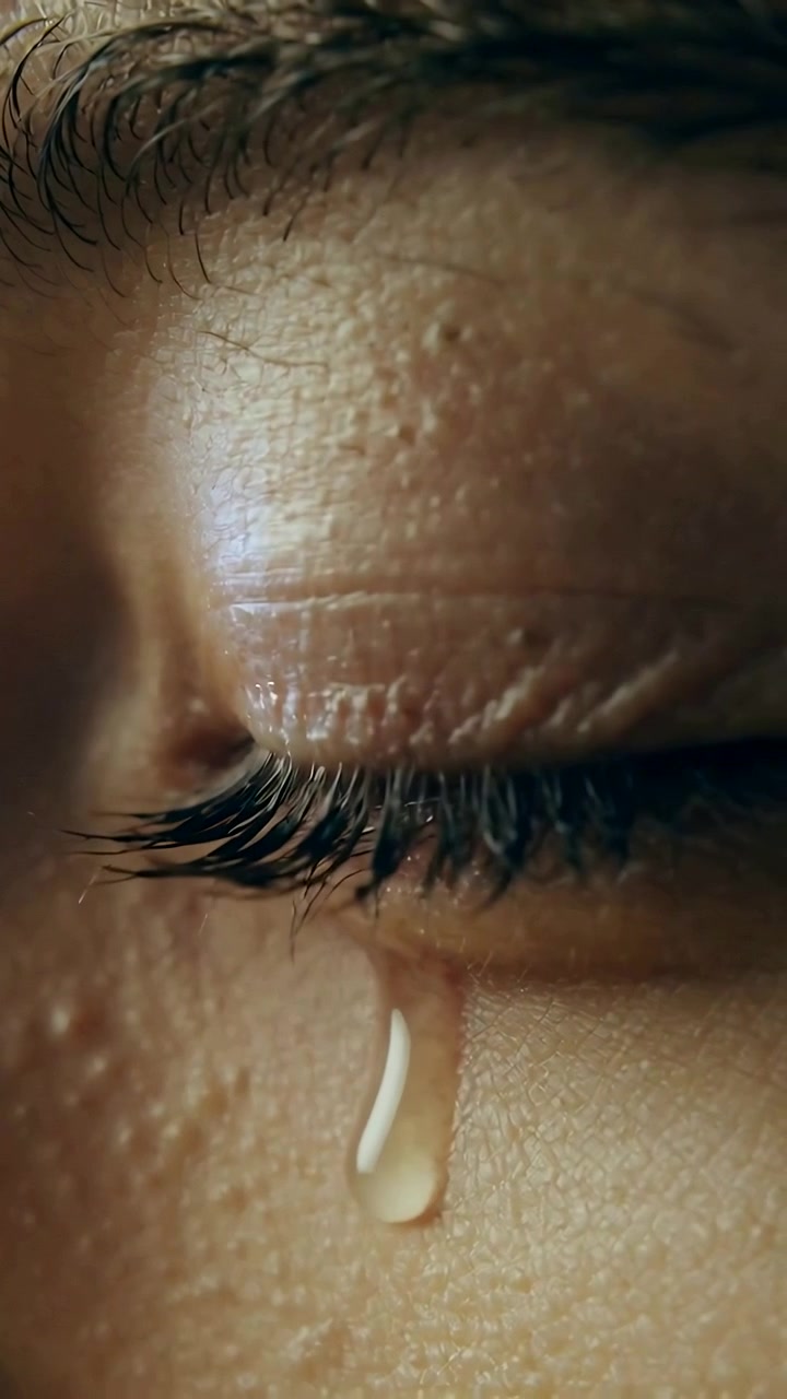 Vertical video: Closing right eye, eyelid dropping, woman forming tear running down cheek in studio