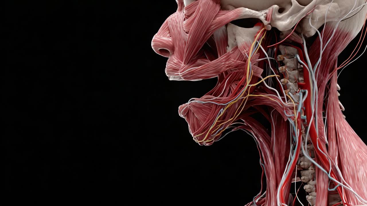Visualizzazione dettagliata dell'anatomia facciale umana che mostra muscolatura, strutture vascolari e struttura cranica con profondo realismo.