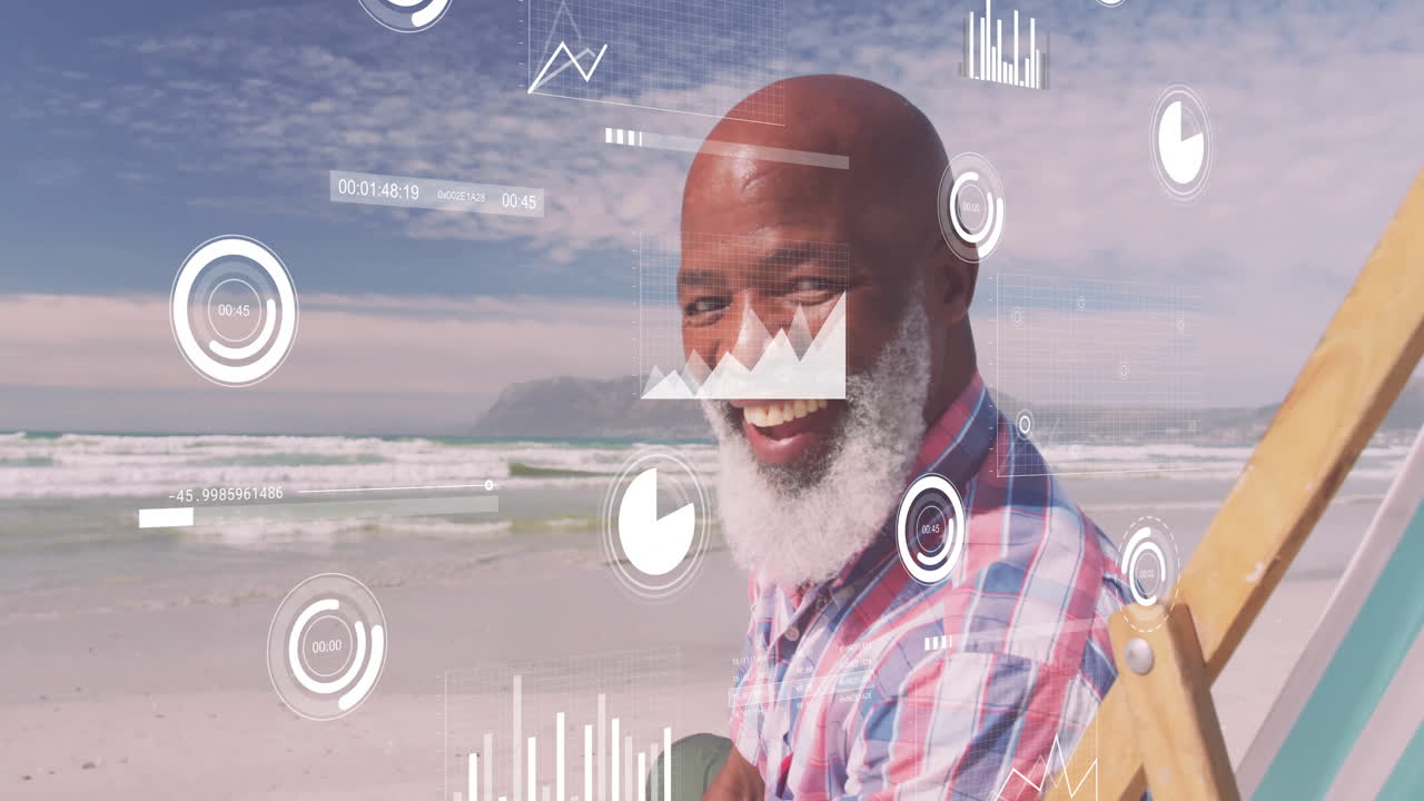 Mature man sitting wooden beach chair, ocean waves rolling, data analytics UI graphs floating