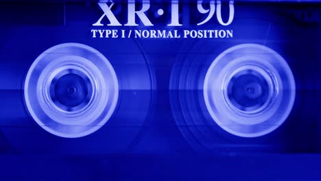 close-up of a blue audio cassette tape