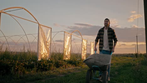 confident guy farmer in a cap and plaid shirt rolls a wheelbarrow and walks along a field on a farm