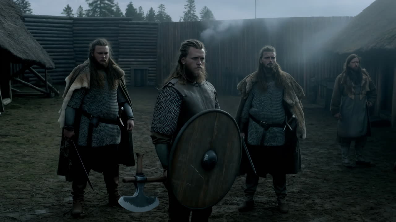 Four Viking Warriors Standing in a Fortified Village
