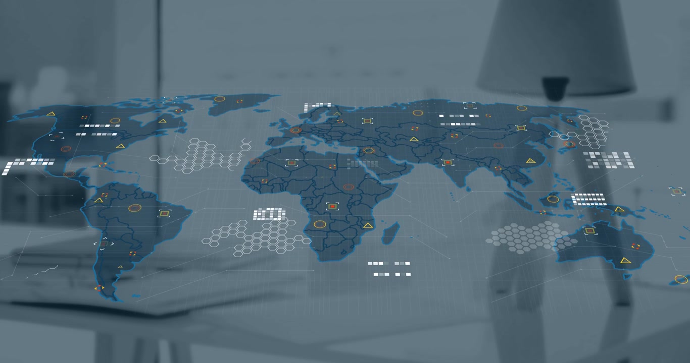 A digital animation of data processing taking place on a world map