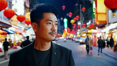 man walking through a street market decorated with red lanterns