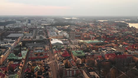 Aerial-panoramic-view-of-various-buildings-on-Sodermalm-island.-Streets,-houses-and-parks-from-drone.-Stockholm,-Sweden