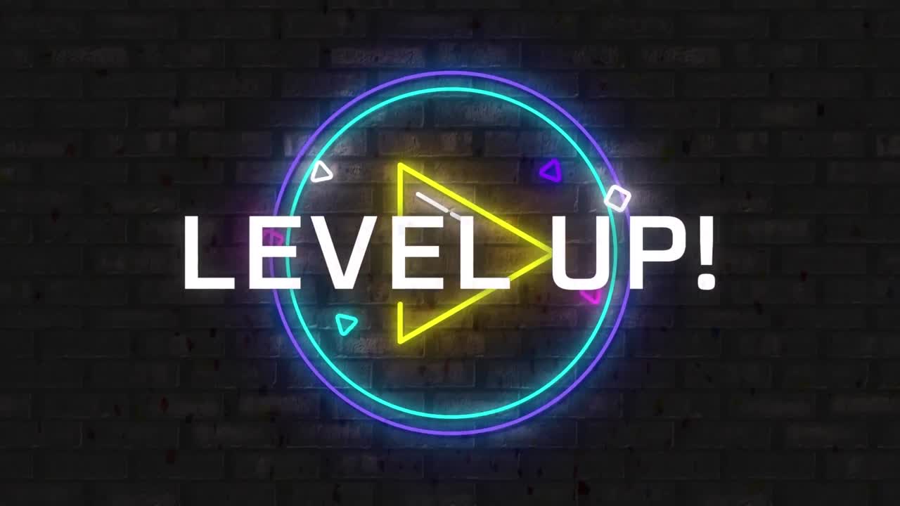 animazione dell'icona di riproduzione con testo di livello su sfondo nero