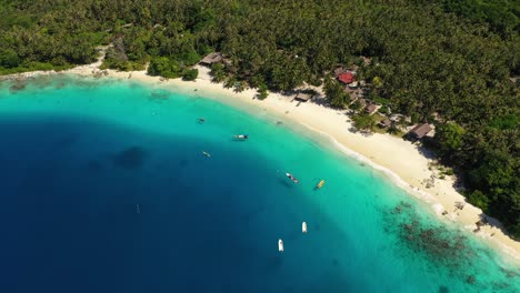 toma aérea de una isla tropical llena de palmeras en indonesia con hermosas aguas turquesas en ambos lados