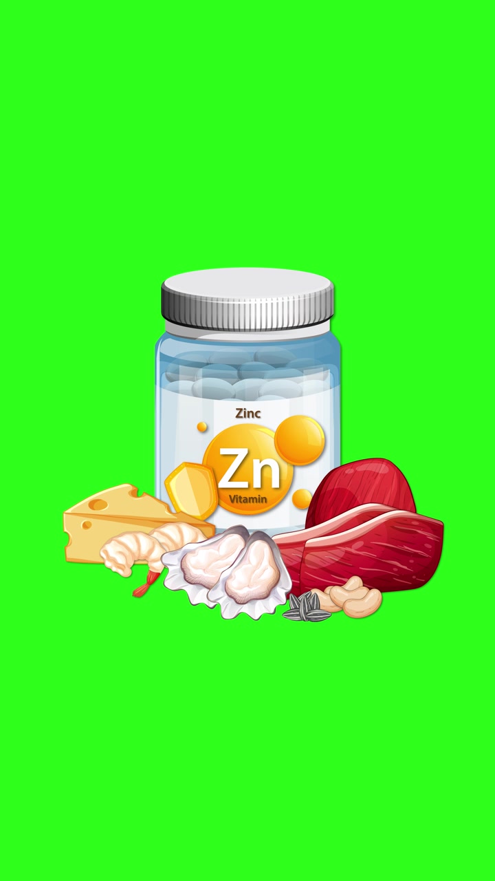 Botol vitamin seng dengan keju, daging, udang, dan bawang putih, animasi dengan latar belakang layar hijau