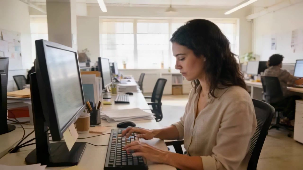 Tippende Büromitarbeiterin in hellbeiger Bluse mit Tastatur und Maus im Großraumbüro.