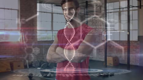 Medical-data-processing-against-portrait-of-caucasian-fit-man-smiling-while-standing-at-the-gym