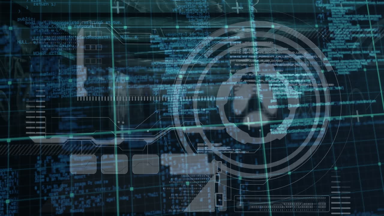 animación de escáner circular y procesamiento de datos, con cuadrícula digital, en interfaz negra