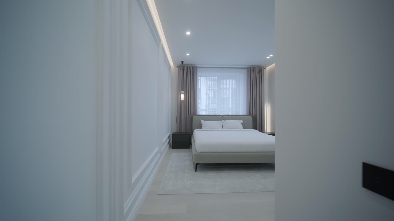 interior de dormitorio moderno con cama y mesita de noche