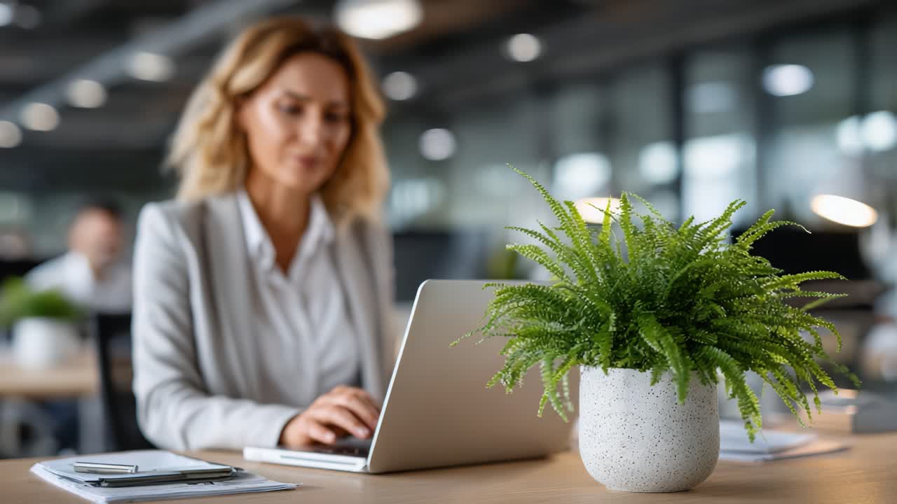 Professionista concentrato che lavora al laptop in un moderno ambiente d'ufficio, circondato da un'elegante pianta da interni, che emana un'atmosfera produttiva e invitante