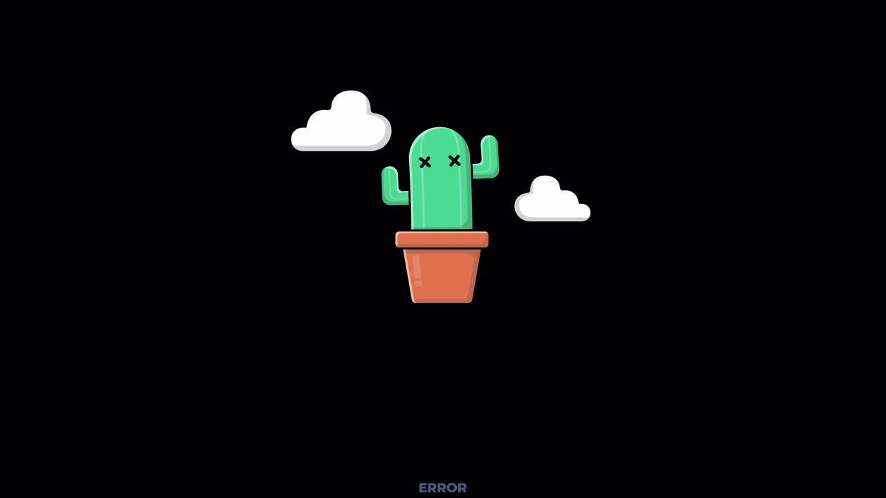 Cactus animato che mostra il messaggio di errore 404 "Pagina non trovata"