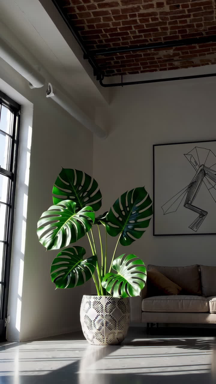 Modern Industrial Living Room with Monstera Plant
