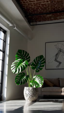 modern industrial living room with monstera plant