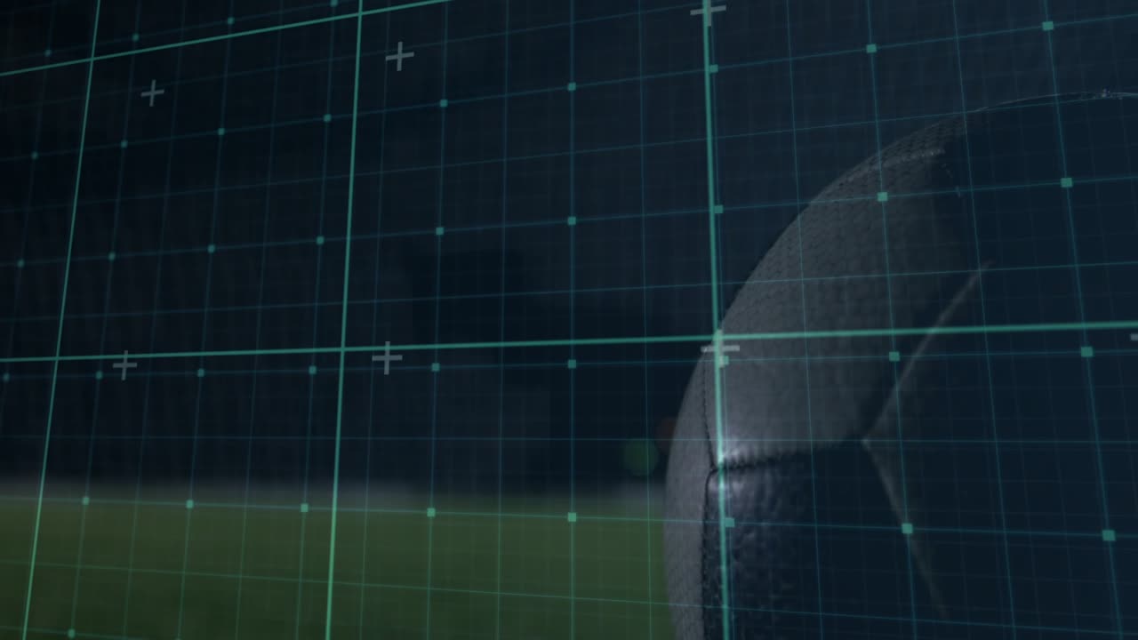 Shooter kicking scoring, ball rolling into net while GK diving and lying, sports tech grid tracking