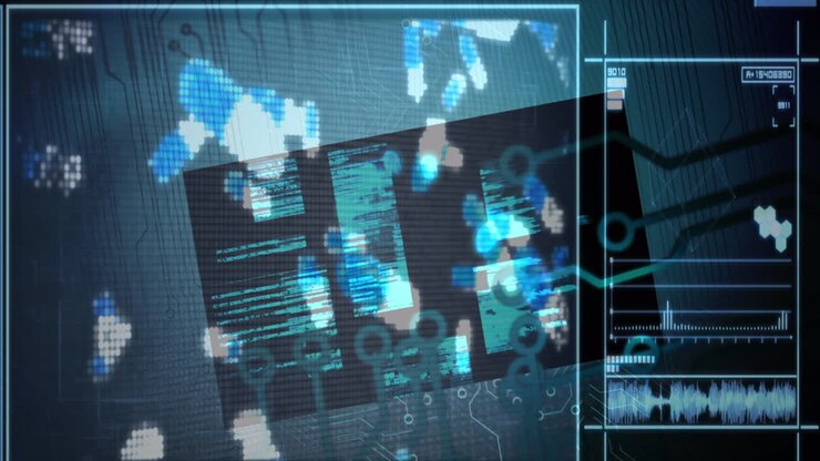 Animation of digital data processing on screens over dark background