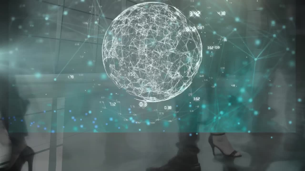 animación del procesamiento de datos financieros sobre personas de negocios caminando