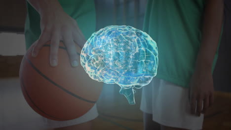 basketball players with glowing brain animation showing cognitive processes during game