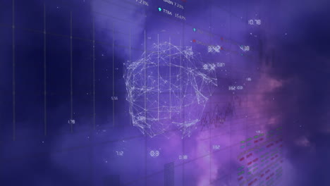 animación de gráficos y tablas de negociación sobre puntos conectados que forman un globo con números.