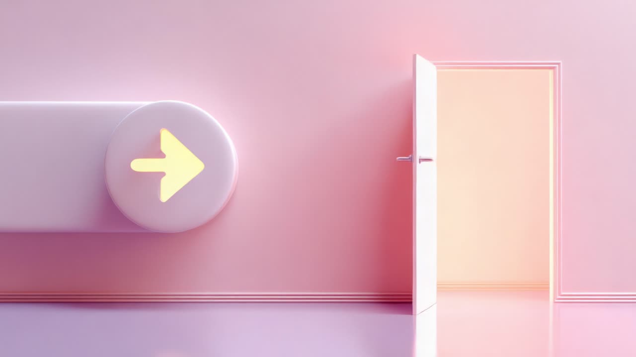 An inviting doorway opens into a serene and softly lit space, with a stylized arrow directing attention towards new possibilities and a transition to the unknown beyond the door