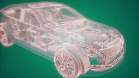 엔진이 있는 3d 와이어프레임 자동차 모델의 홀로그래픽 애니메이션