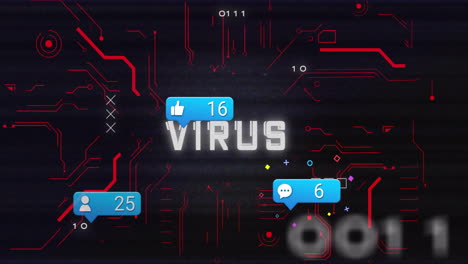 Social media notifications and virus text animation over digital background