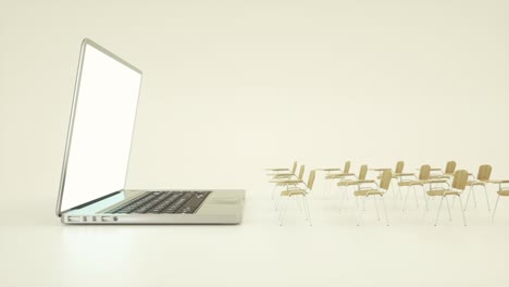 concepto de educación en línea en el aula digital. escritorios escolares y portátiles