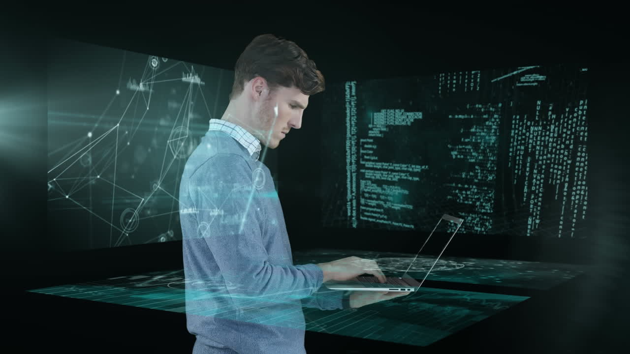 animación del procesamiento de datos sobre un hombre de negocios caucásico que usa una computadora portátil