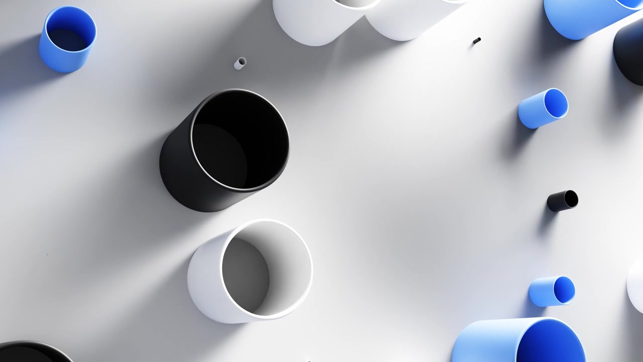 Abstract 3D Animation of Moving Cylinders on White Surface