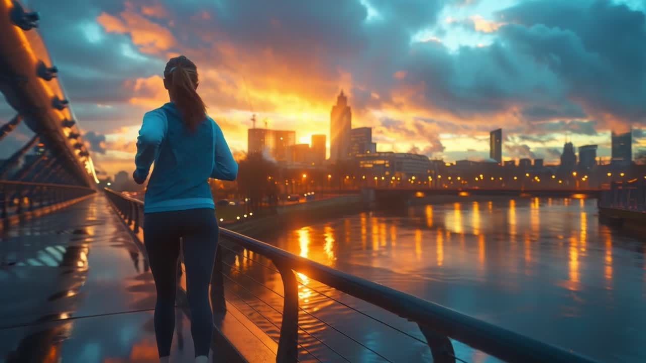 Donna che corre su un ponte all'alba