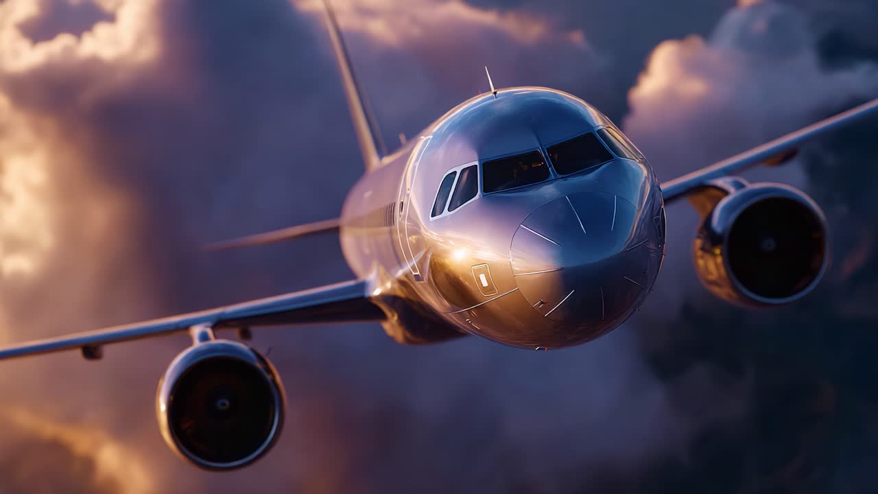 Un aereo elegante e moderno che solca le nuvole spettacolari al tramonto, mettendo in mostra il suo design aerodinamico e i potenti motori sullo sfondo di un cielo vivido.