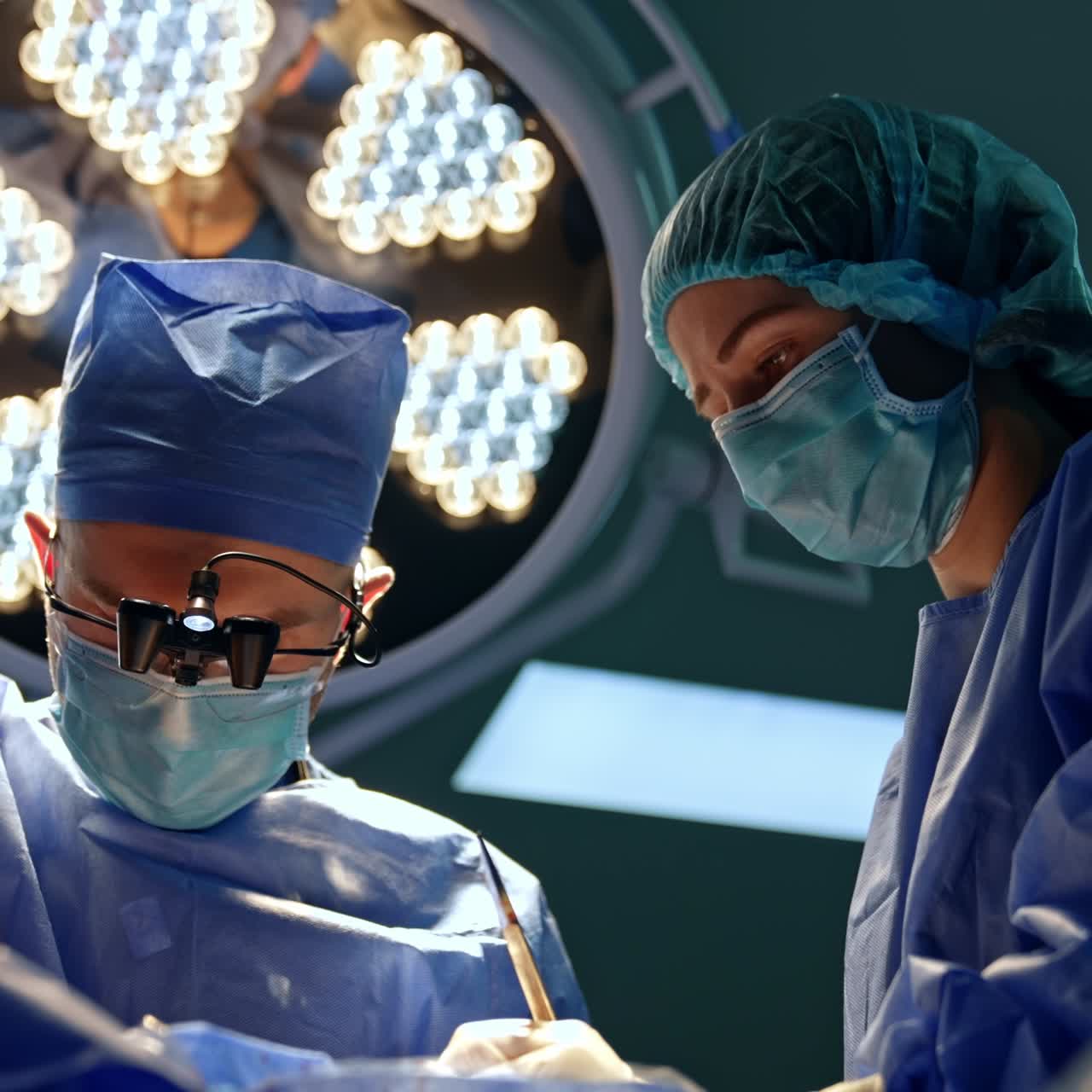 Surgical team including doctor and assistant works at operation. Surgeon uses tool and nurse watching attentively. Low angle view