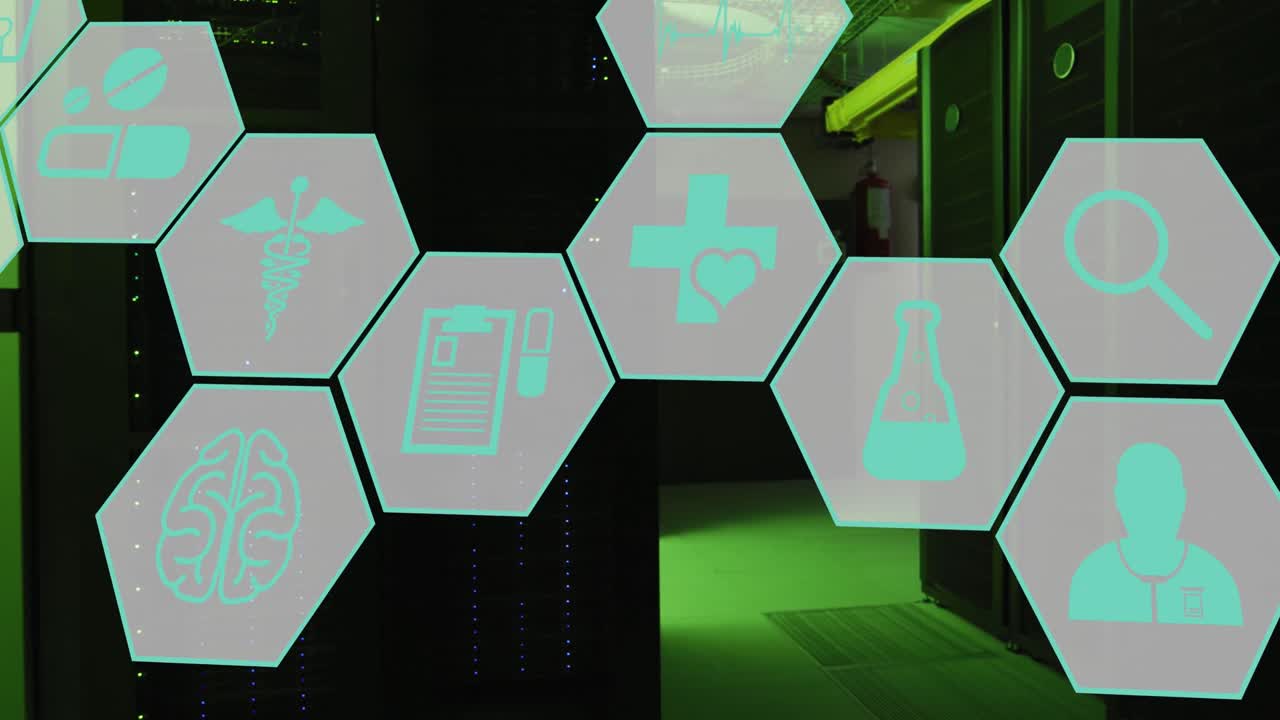 animación de iconos médicos en la sala del servidor