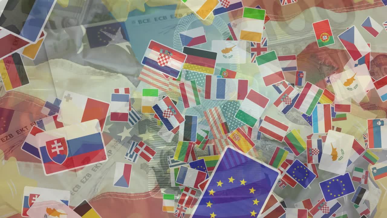 Animation of national flags over flag of usa and banknotes
