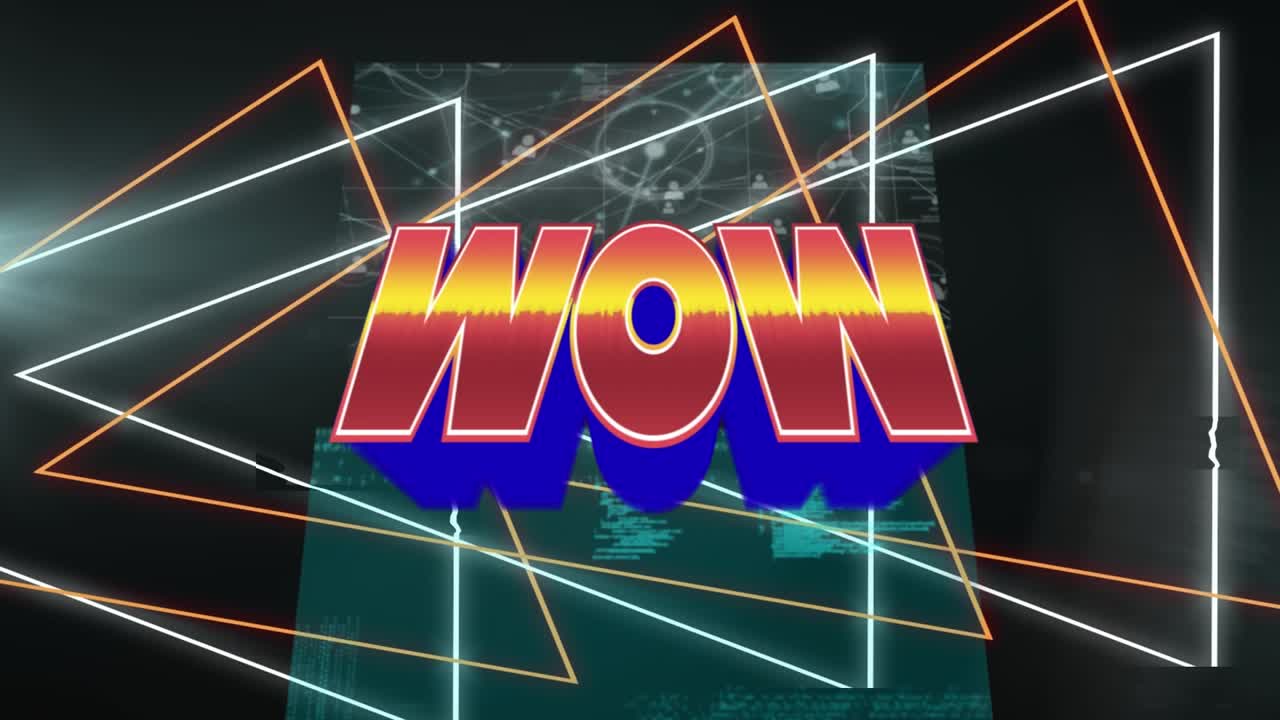 ネオンの抽象的な図形の上に「WOW」の文字が表れるアニメーション。