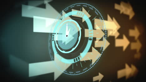 Animation of scope scanning with clock over arrows on black background