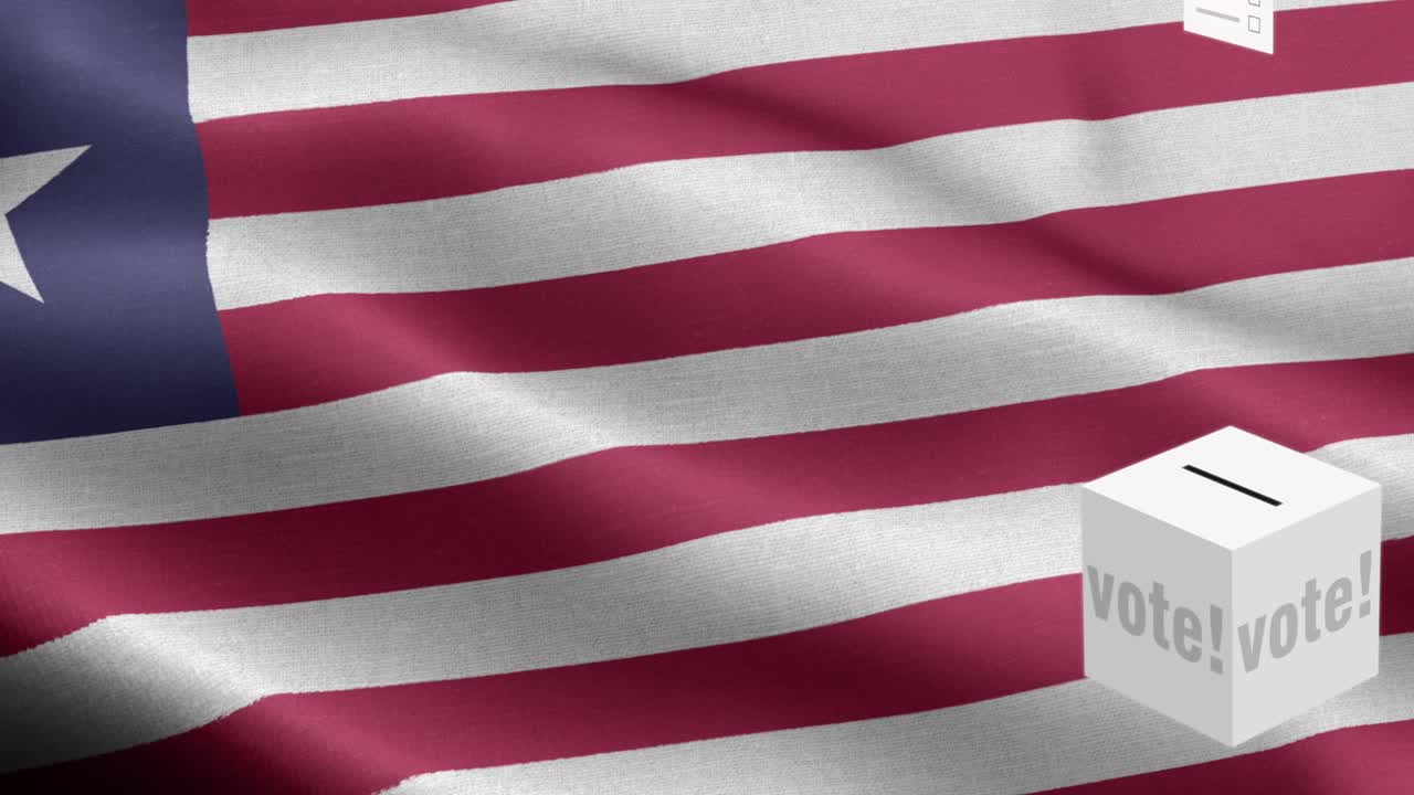 Ballots fly to box for Liberia selection - Ballot box in front of flag - Election - Vote - Flag Of Liberia - Liberia Flag High Detail - National flag Liberia wave Pattern loopable Elements - Fabric texture and endless loop